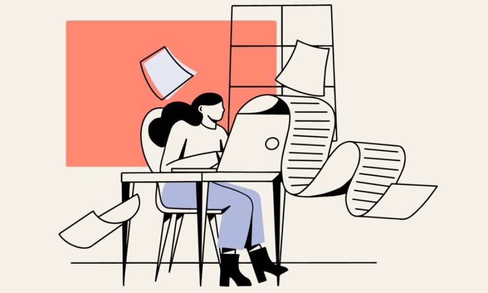BoD dibujo de mujer con ordenador y papeles