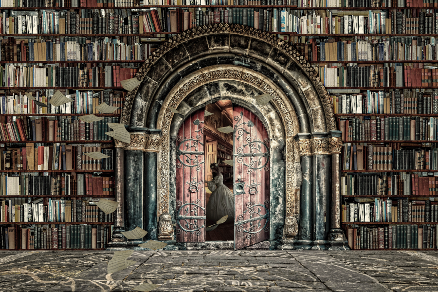 Biblioteca antigua de libros de fantasía y puerta.